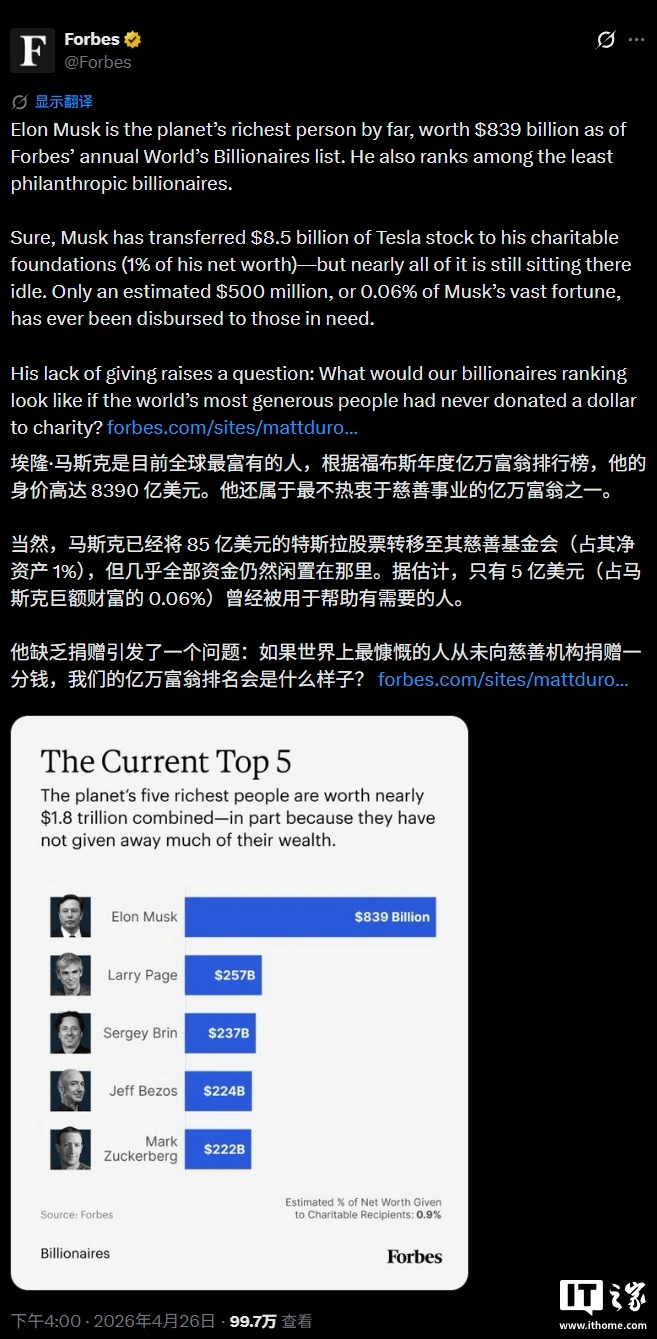 如果富豪从不做慈善谁更有钱?福布斯新榜单,“最抠门全球首富”马斯克还是第一