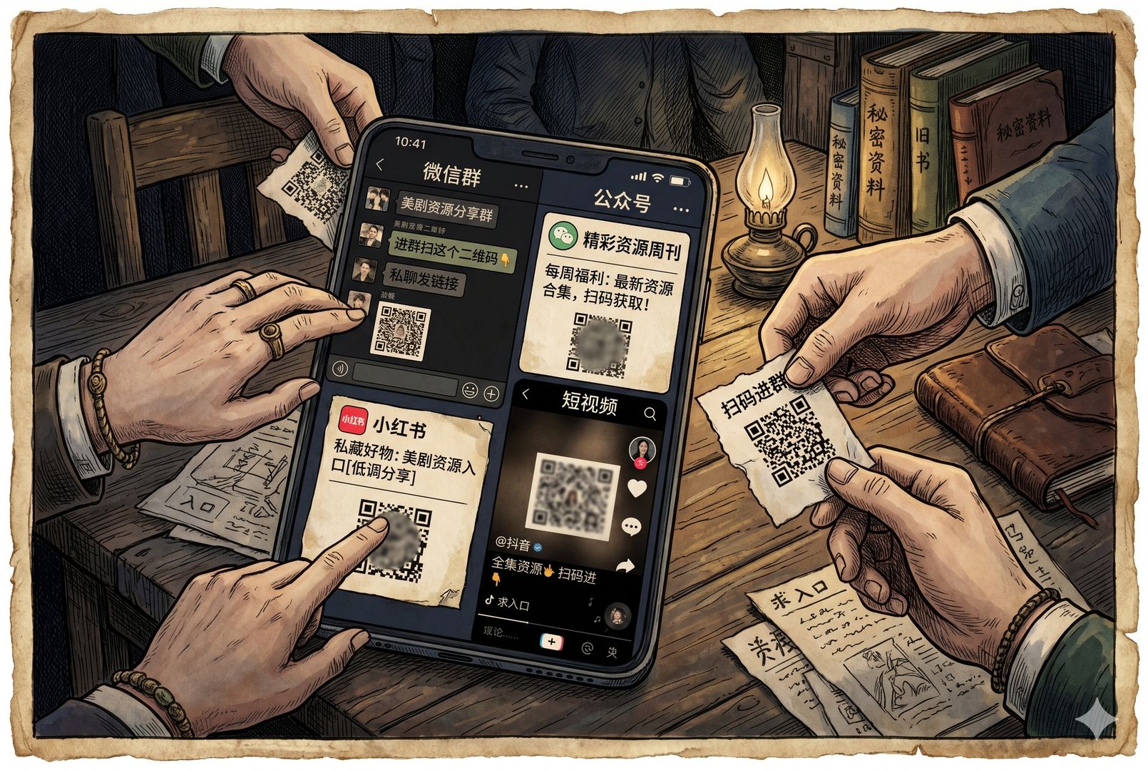 手机屏幕上是微信群、公众号、小红书和短视频平台的界面,几只手通过私聊和群二维码悄悄传递资源入口,画面像地下接头,羊皮纸,钢笔彩色手绘的统一风格。