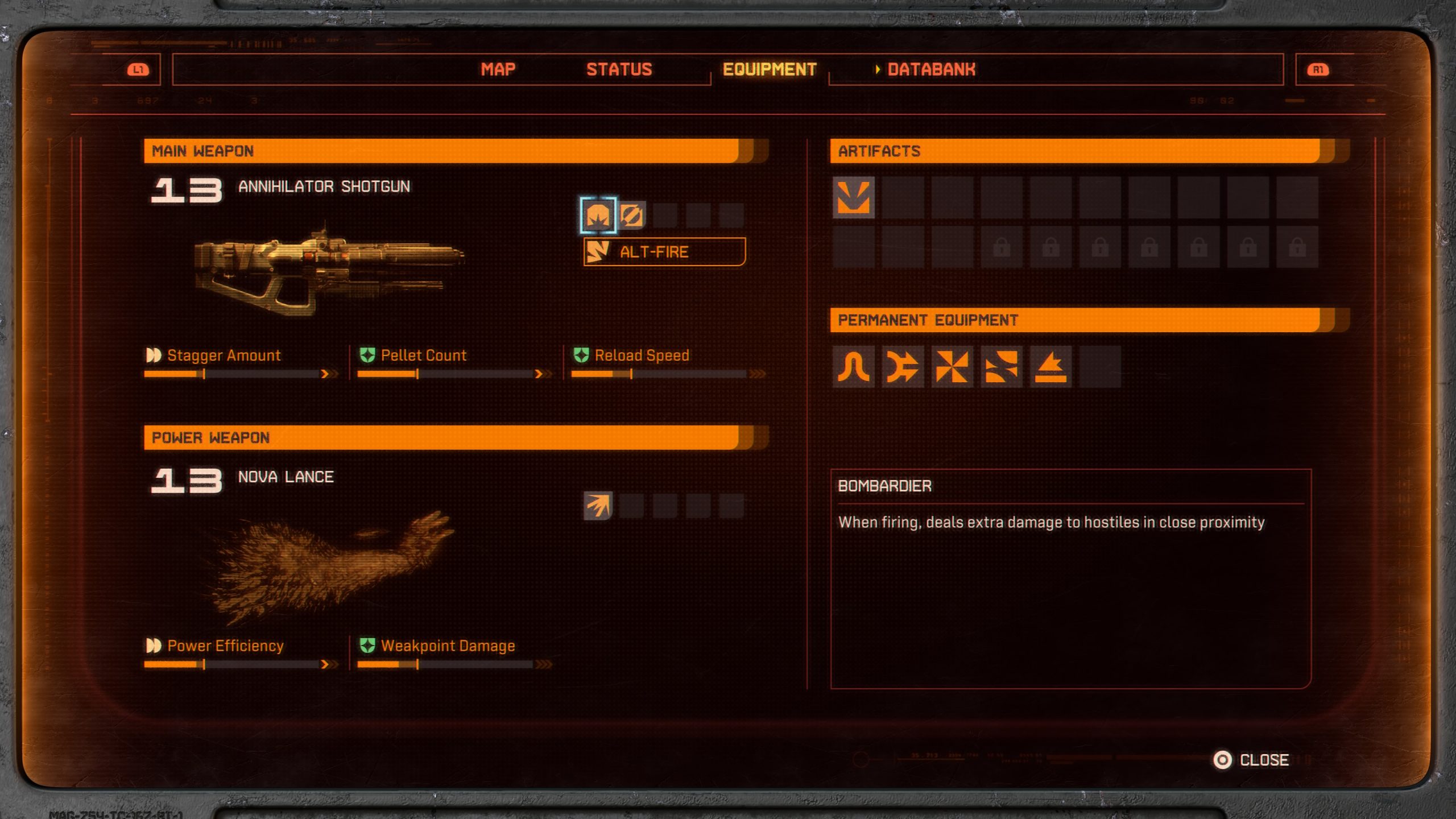 Saros interface showing the 'Annihilator Shotgun' as the main weapon with alt-fire mode, and the 'Nova Lance' as the power weapon, alongside permanent equipment symbols and description for 'Bombardier' effect.