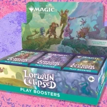 The Magic: The Gathering Lorwyn Eclipsed - Play Booster Box on a pink and purple background