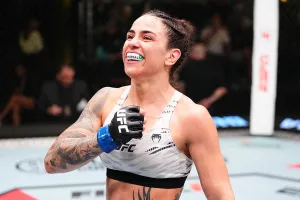 LAS VEGAS, NEVADA - NOVEMBER 01: Norma Dumont of Brazil reacts after a bantamweight fight against Ketlen Vieira during the UFC Fight Night event at UFC APEX on November 01, 2025 in Las Vegas, Nevada. (Photo by Chris Unger/Zuffa LLC)