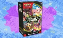 The Pokémon TCG: Mega Evolution—Perfect Order Booster Bundle on a blue and purple background