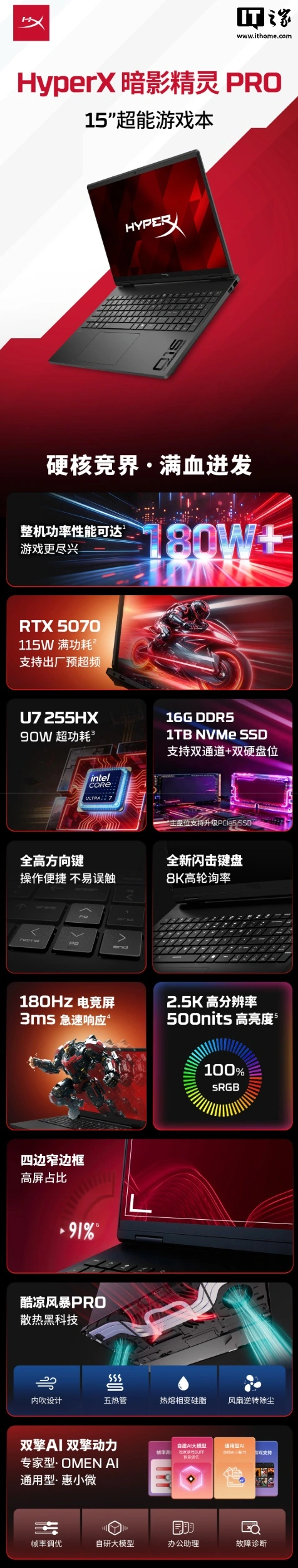 惠普推出 2026 款 HyperX 暗影精灵 PRO 系列游戏本 15/16 英寸,提供 U9 290HX Plus/R9-9955HX 版