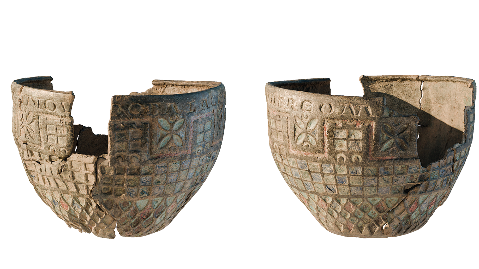 two views of a reconstructed bronze cup from Roman times