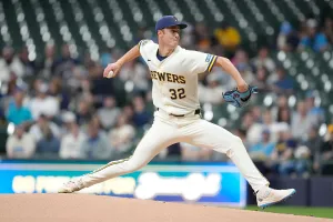 MILWAUKEE, WISCONSIN - APRIL 14: Jacob Misiorowski #32 of the Milwaukee Brewers pitches against the Toronto Blue during the first inning at American Family Field on April 14, 2026 in Milwaukee, Wisconsin. (Photo by Patrick McDermott/Getty Images)