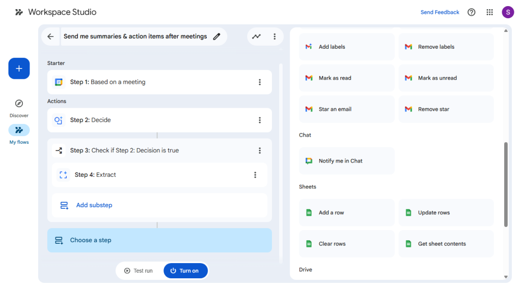 screenshot of workspace studio flow builder tool with a starter and several steps built out