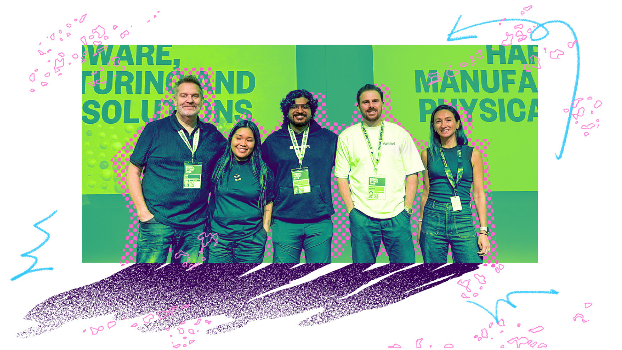 An illustrated photo composite of the Sonorus team at SXSW Sydney.