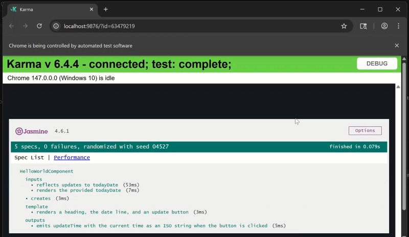 The tests passing in the terminal after running npm test.