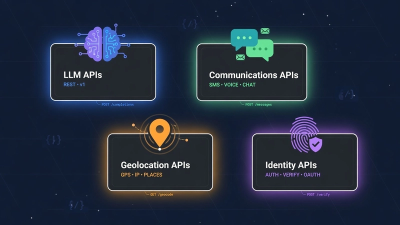 Four API category cards showing LLM APIs, Communications APIs, Geolocation APIs, and Identity APIs with distinct icons and colour-coded glows on a dark navy background.
