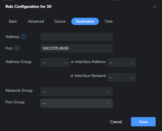 Destination tab for L2TP rule