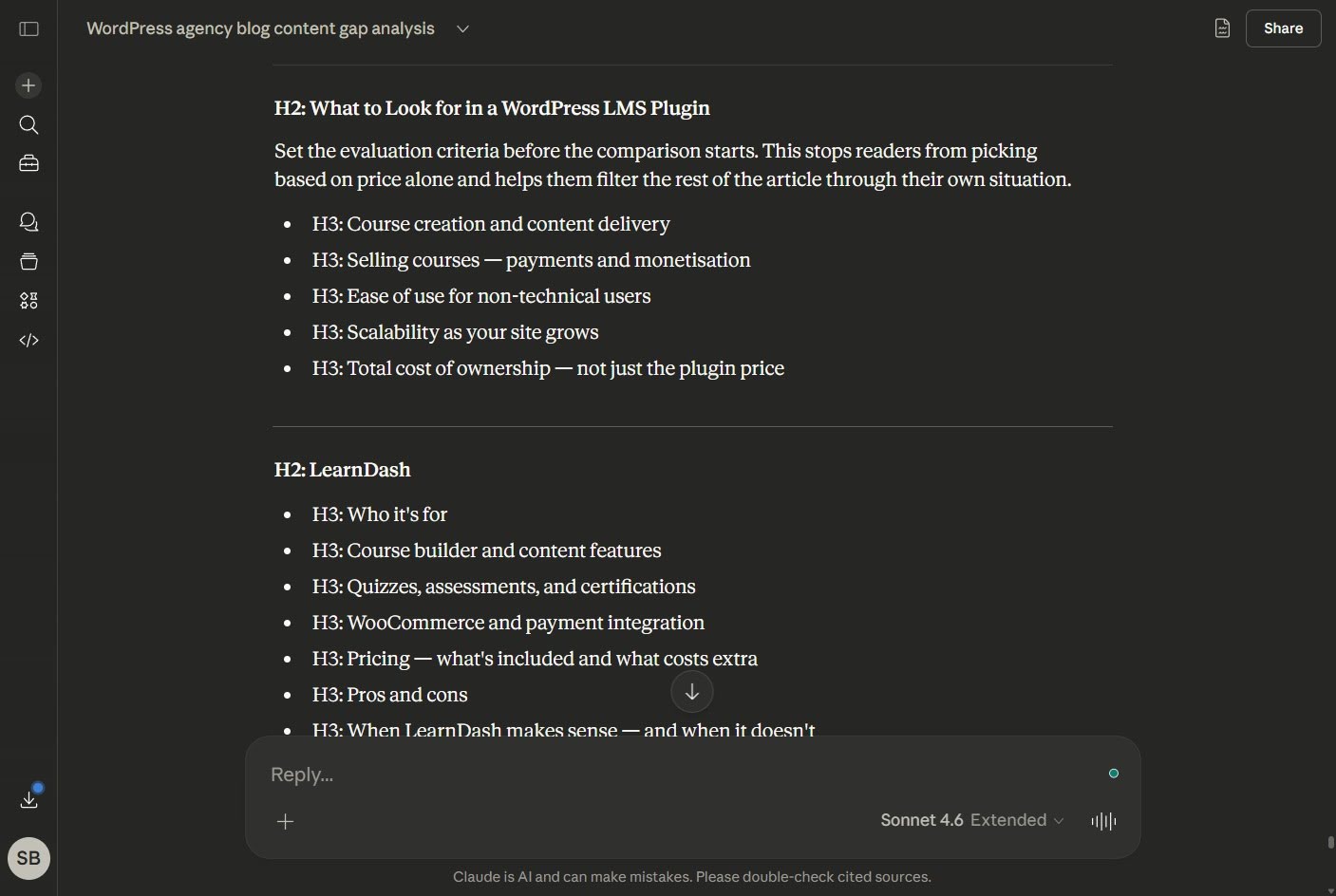 Screenshot of the blog post outline generated by Claude.