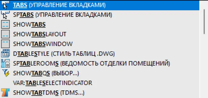 Рис. 4. Команда TABS Рис. 4. Команда TABS