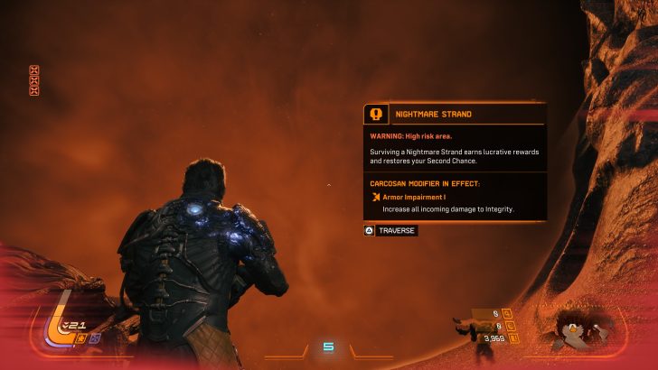A player character in a game faces an orange-lit canyon with on-screen text reading 'NIGHTMARE STRAND' and 'WARNING: High risk area,' detailing increased damage and offering a 'TRAVERSE' option.