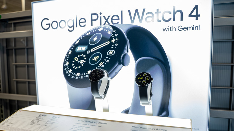 Two Google Pixel Watch 4 models on display.