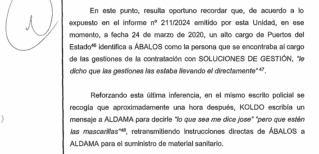 Otro extracto del informe en el que los agentes se�alan a �balos como persona a cargo de las gestiones de contrataci�n y en el que se apunta tambi�n una conversaci�n entre Koldo y Aldama