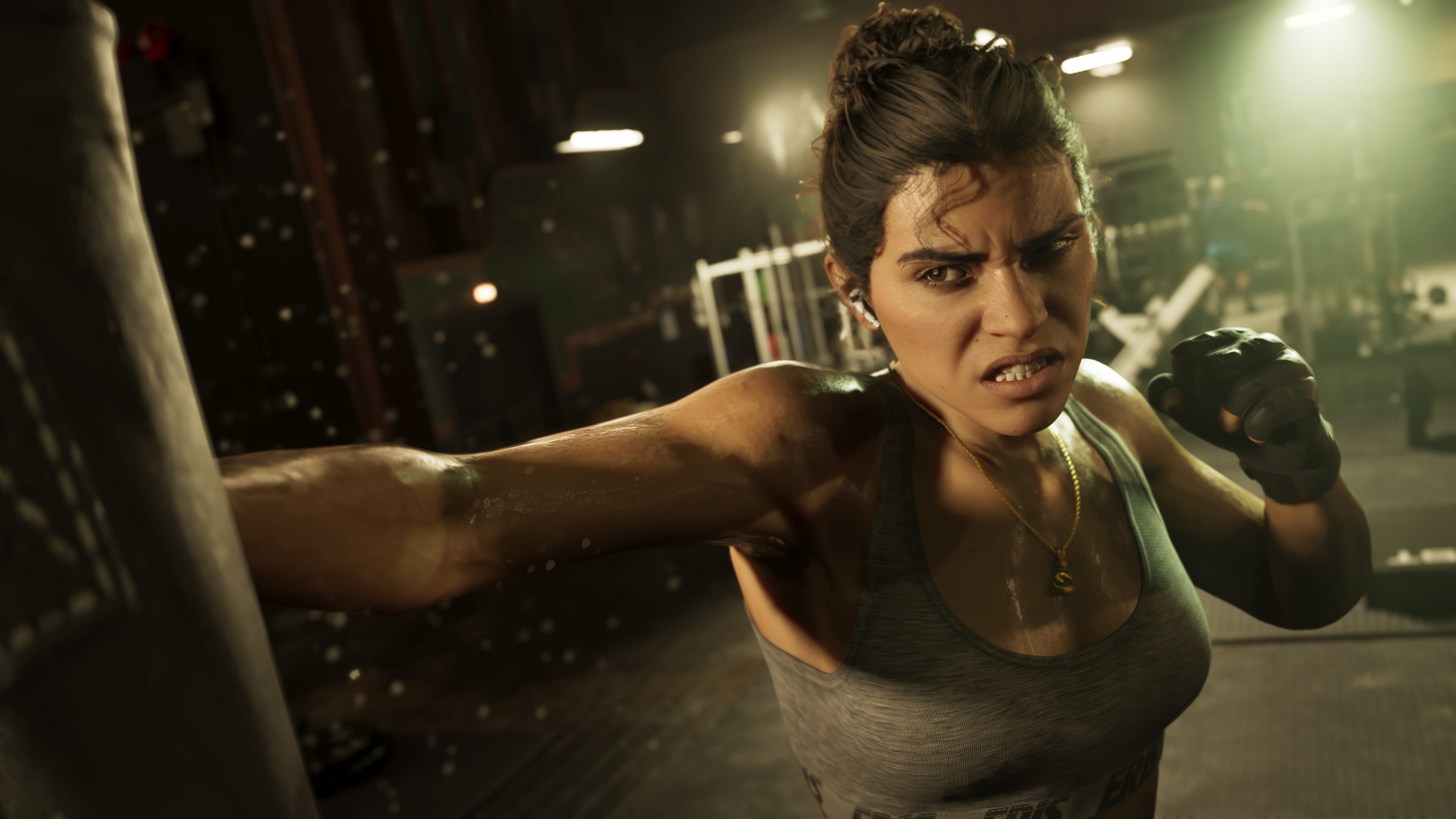 Grand Theft Auto 6's Lucia boxing a punching bag.