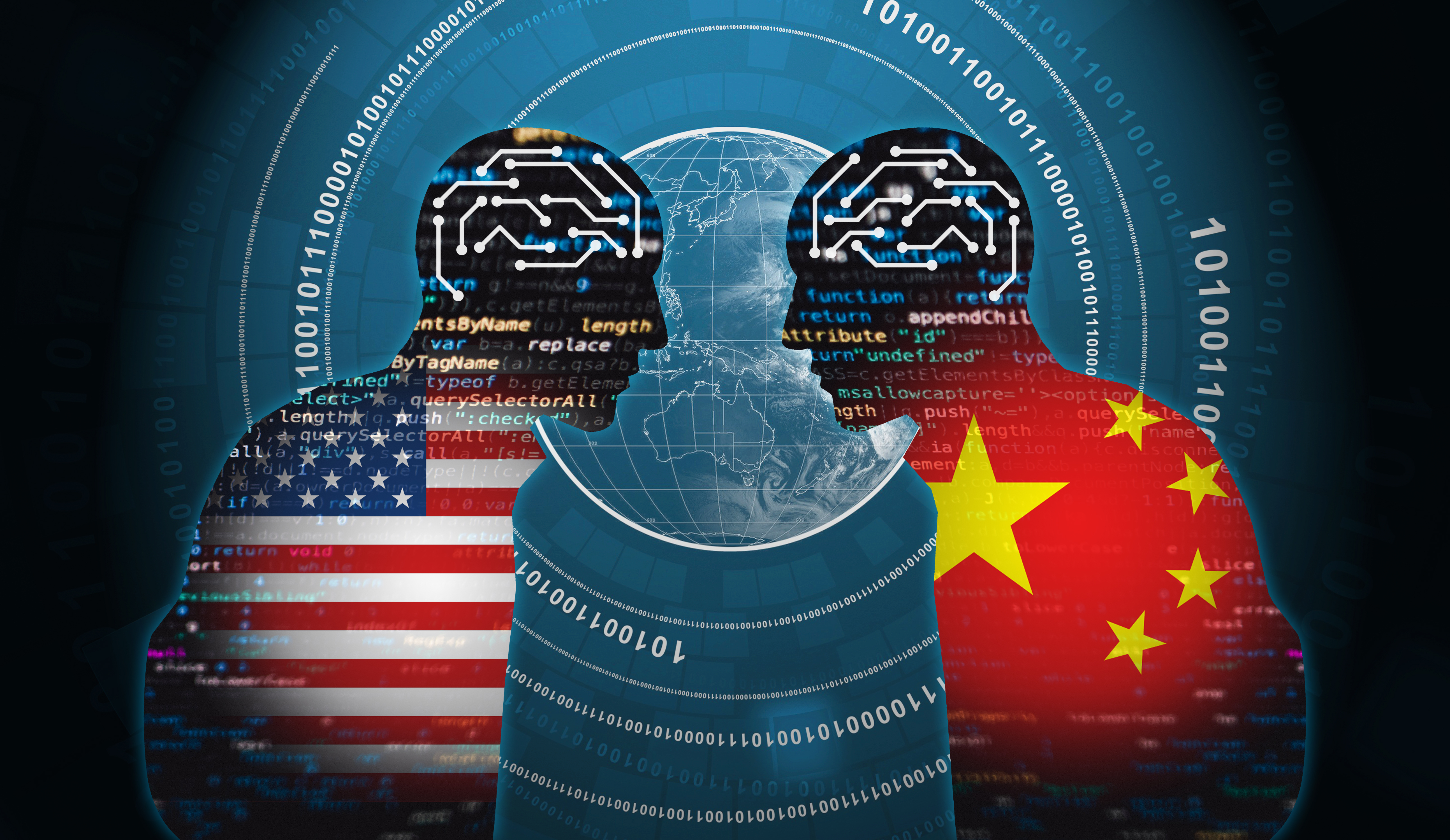 Two human figure including America and China flag are in confrontation on the world background
