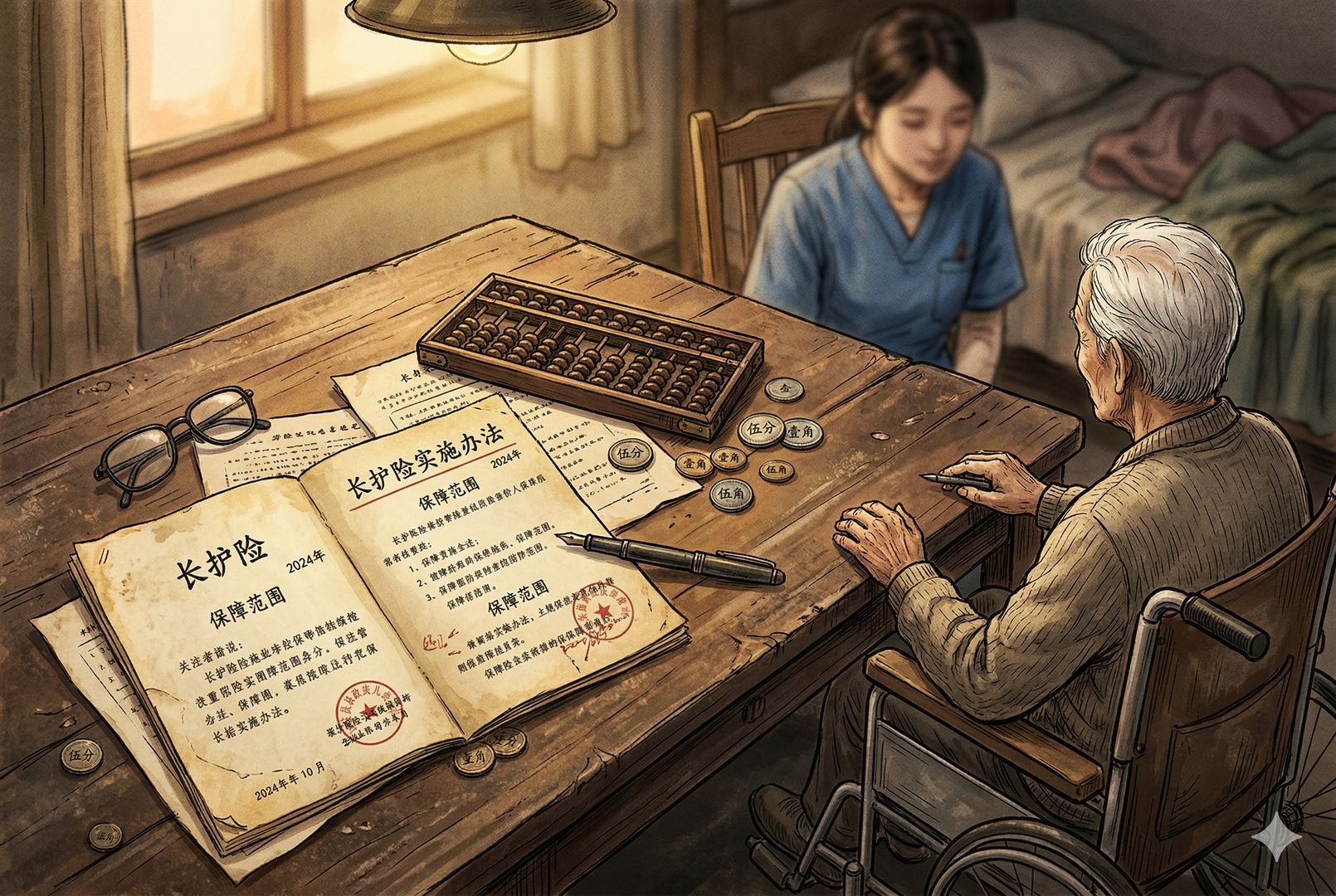 一张俯视角的政策与养老主题封面画面，旧木桌上摊开写着“长护险”的文件、算盘、几枚硬币、老花镜与钢笔，桌边一位白发老人坐在轮椅上，另一侧是护理员模糊身影，暖黄色灯光照出沉重而现实的氛围，羊皮纸，钢笔彩色手绘的统一风格。