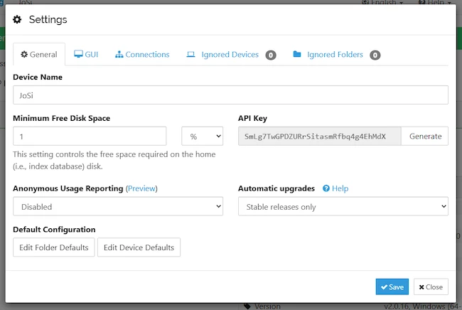 Settings Syncthing private file synchronization