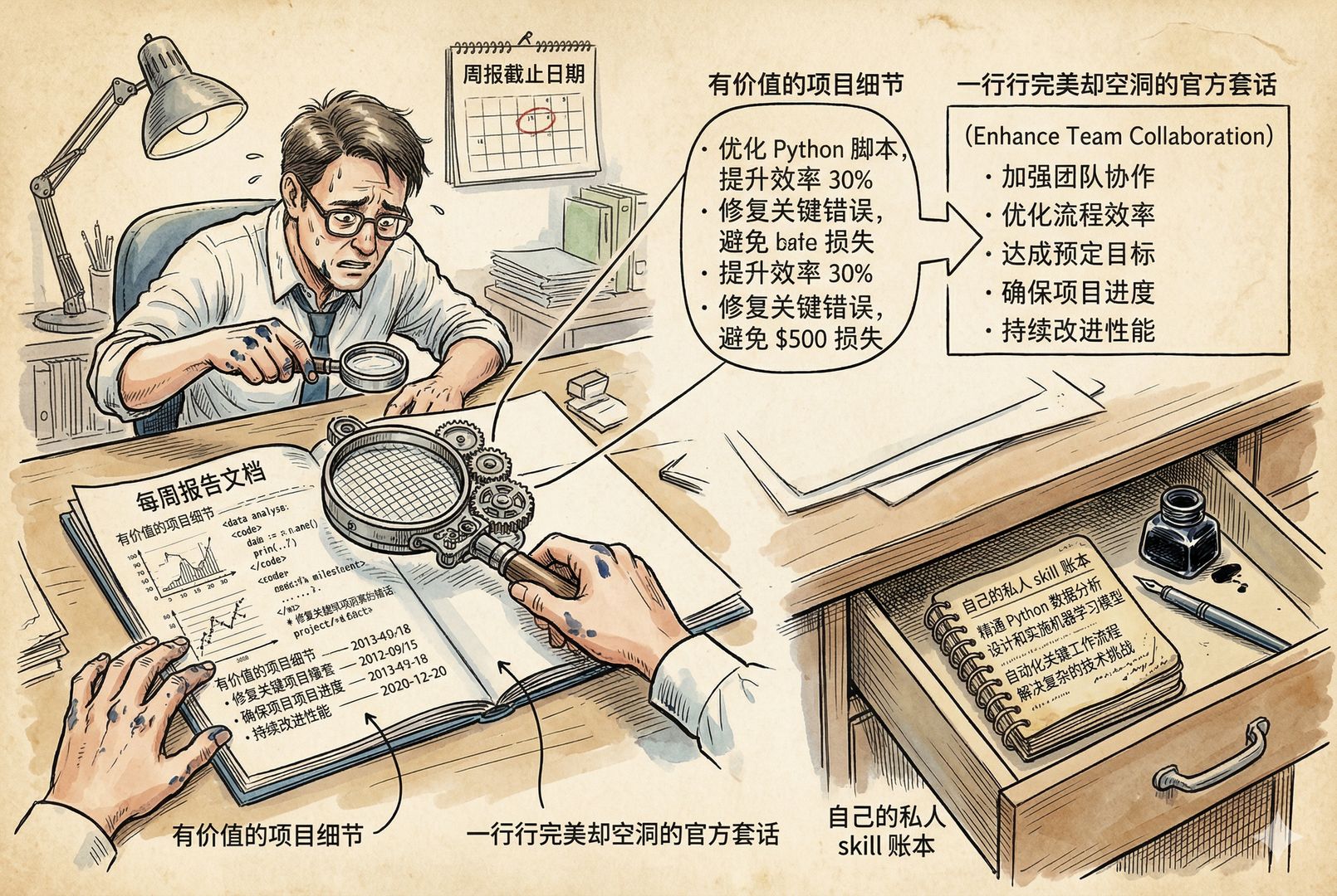员工在提交周报前使用一把筛子般的程序工具扫描文档,文档中原本有价值的项目细节被替换成一行行完美却空洞的官方套话,另一侧抽屉里则藏着自己的私人 skill 账本,羊皮纸,钢笔彩色手绘的统一风格。