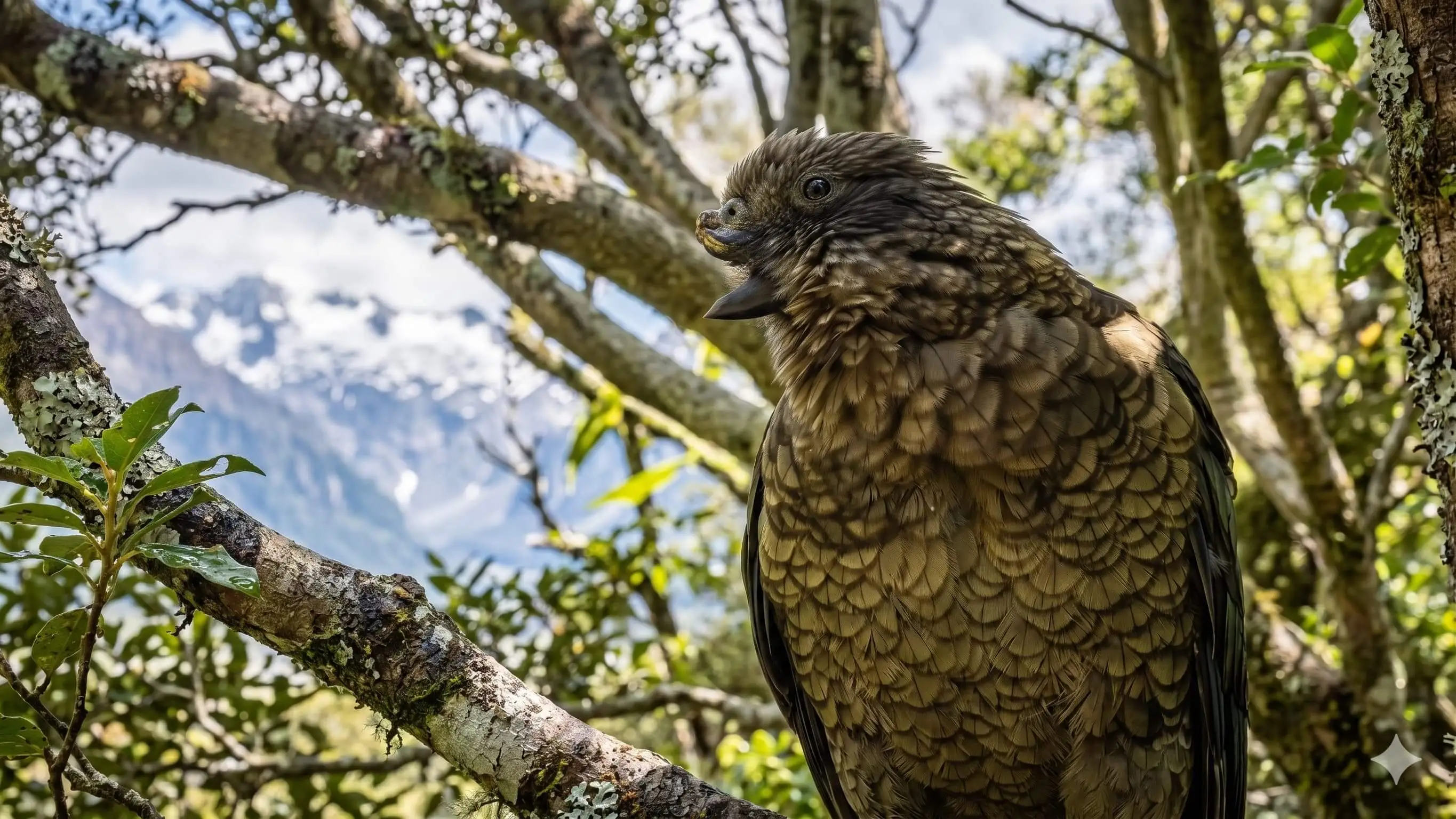 Recreación artística que captura a Bruce, el loro kea con discapacidad, posado sobre una rama en un entorno alpino de la Isla Sur de Nueva Zelanda, mostrando el detalle de su plumaje tratado con Nano Banana. Foto: Nano Banana / Scruzcampillo.
