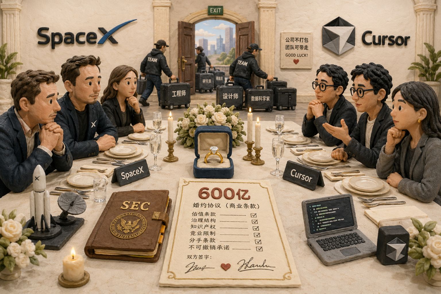 一场“试婚”式商务宴会,长桌两端分别坐着SpaceX与Cursor代表,桌上摆着订婚戒指、SEC文件夹和一张写着“600亿”的婚约,背景里有人悄悄搬走团队成员的行李箱,暗示最终只带走团队不带走公司,羊皮纸,钢笔彩色手绘的统一风格。