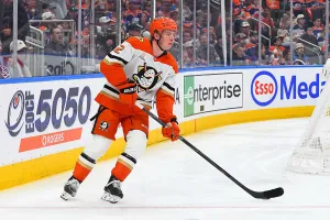 EDMONTON, CANADA - APRIL 20: Jackson LaCombe #2 of the Anaheim Ducks skates during the second period of Game One of the First Round of the 2026 Stanley Cup Playoffs against the Edmonton Oilers at Rogers Place on April 20, 2026, in Edmonton, Alberta, Canada. (Photo by Andy Devlin/NHLI via Getty Images)