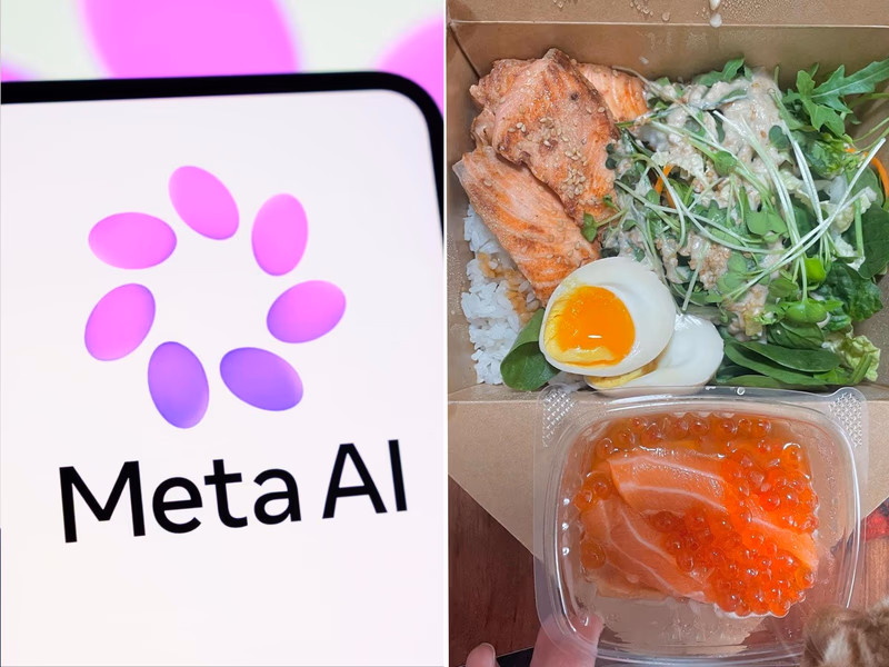 A photo split of Meta AI and a bento box lunch.