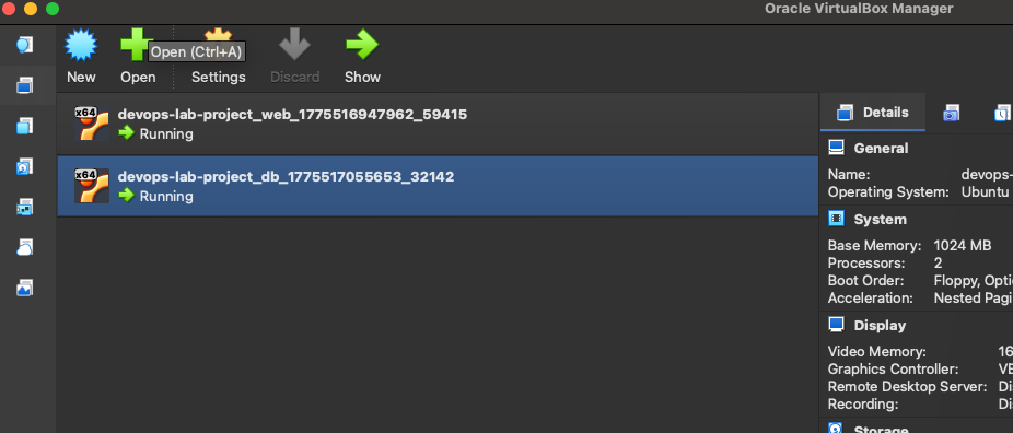 screenshot showing 2 virtualbox servers "running" in VB manager