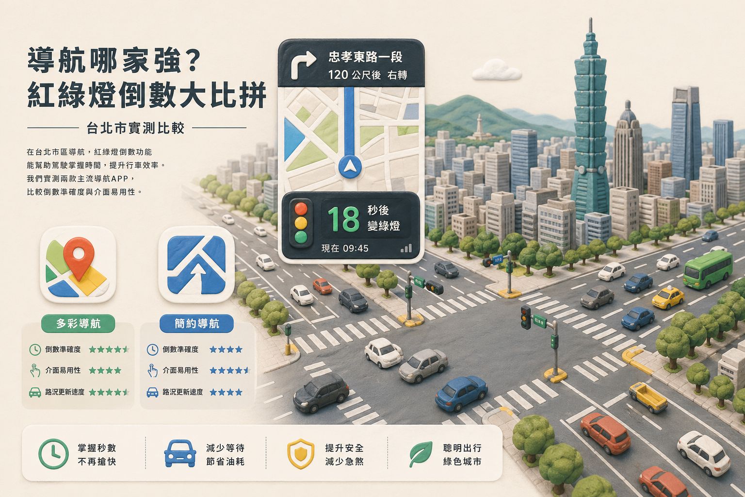 台北街头十字路口俯视图,手机导航界面悬浮显示红绿灯倒计时,旁边有谷歌地图与高德地图两个应用图标形成对比,远处是台湾城市天际线和车流,浅色背景的商业评论版橡皮泥平面信息图的统一风格。