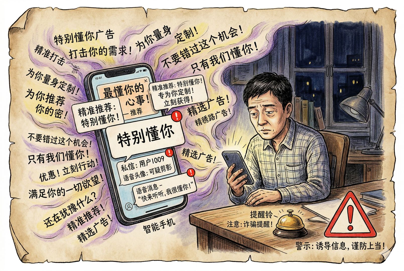 夜色中一位普通人盯着手机,屏幕里不断弹出“特别懂你”的广告、私信和语音头像,周围像雾一样浮现诱导词句,而他手边放着一只提醒铃与放大的警示符号,羊皮纸,钢笔彩色手绘的统一风格。