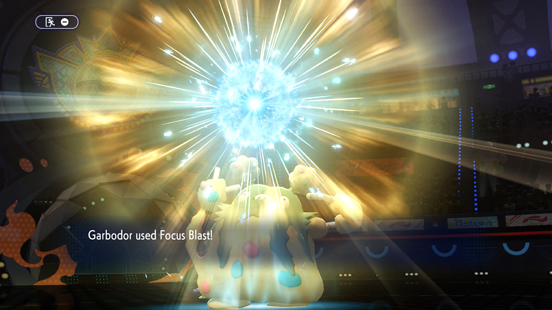 Garbodor uses the move 'Focus Blast' in a stadium battle scene from a 'Pokémon' game.