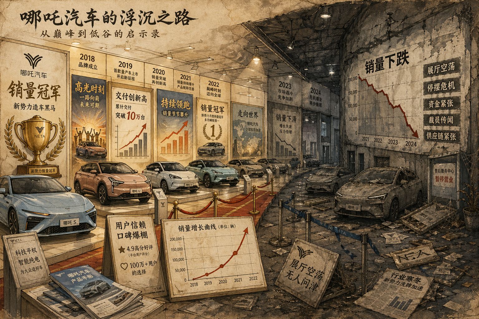 一条时间长廊里陈列着哪吒汽车不同阶段的海报与车型,从销量冠军的明亮展台一路过渡到空荡展厅和销量断崖式下跌的曲线墙,形成由盛转衰的叙事,羊皮纸,钢笔彩色手绘的统一风格。