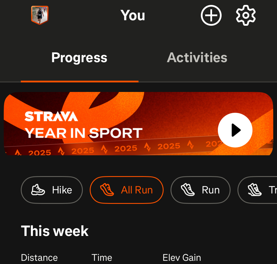 screenshot of Strava iOS native app showing the “You” screen with Progress, Activities, an orange Year in Sport banner, various activity types Hike, All Run, Run, and a “This week” heading with Distance, Time, Elev Gain column headers below it.