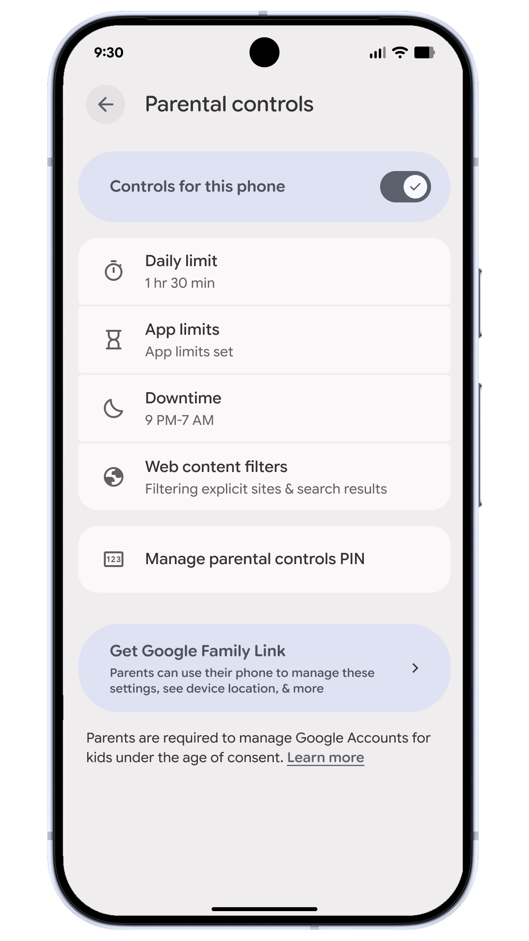 Parental controls main menu in the Android ‘Settings’ app