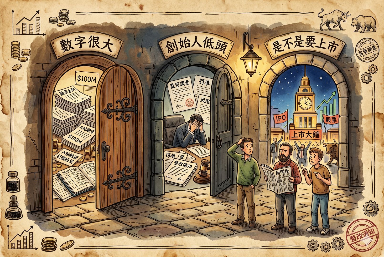三扇并排的小门分别写着“数字很大”“创始人低头”“是不是要上市”,门前站着困惑的读者,门后隐约露出融资合同、监管文件和资本市场钟楼的不同景象,羊皮纸,钢笔彩色手绘的统一风格。