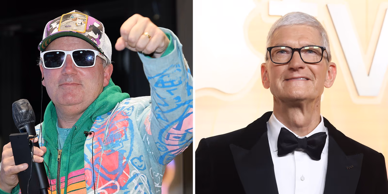 ウェドブッシュ証券のダン・アイブス(左)とアップルCEOのティム・クック(右)