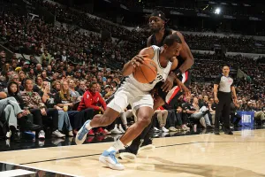 SAN ANTONIO, TX - APRIL 21: Harrison Barnes #40 of the San Antonio Spurs dribbles the ball during the game against the Portland Trail Blazers during Round One Game Two of the 2026 NBA Playoffs on April 21, 2026 at the Frost Bank Center in San Antonio, Texas. NOTE TO USER: User expressly acknowledges and agrees that, by downloading and or using this photograph, user is consenting to the terms and conditions of the Getty Images License Agreement. Mandatory Copyright Notice: Copyright 2026 NBAE (Photos by Jesse D. Garrabrant/NBAE via Getty Images)