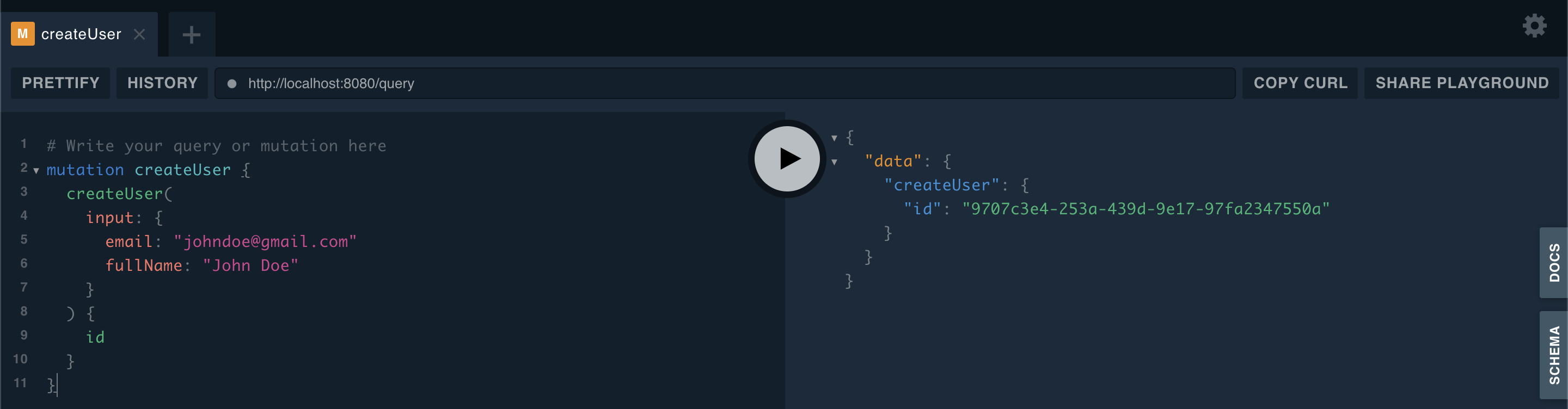 A create user mutation on the GraphQL Playground
