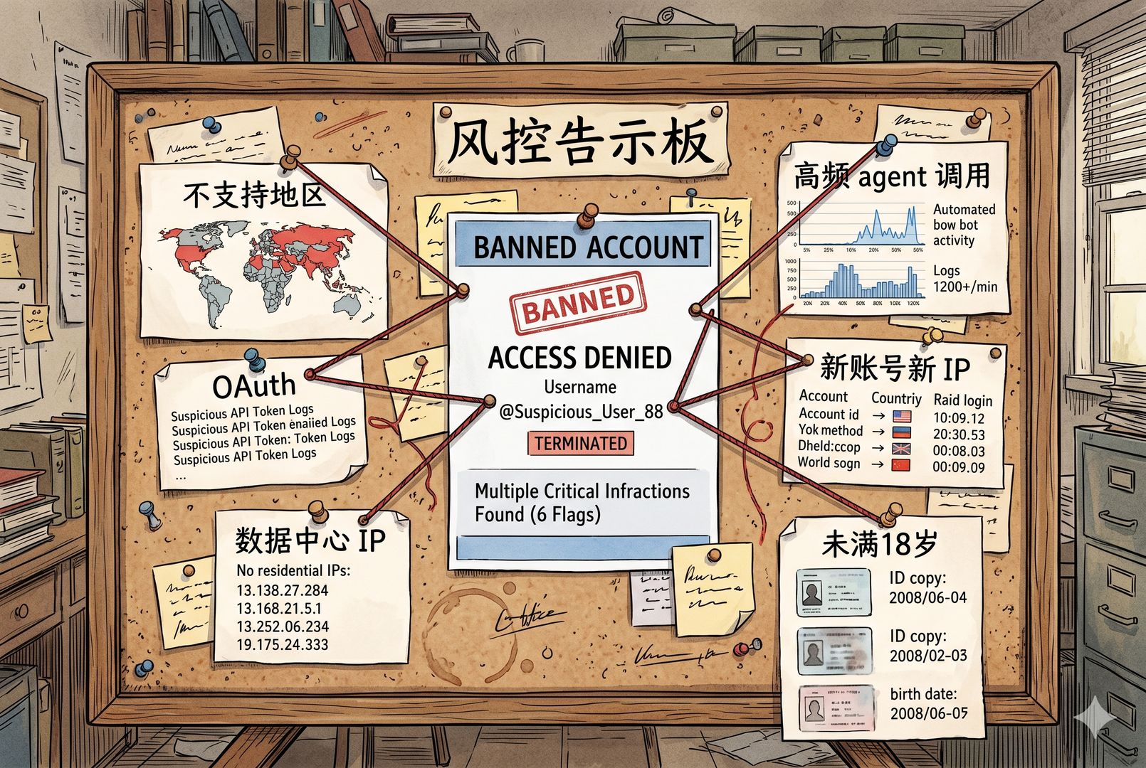 一块风控告示板上钉着多个标签:不支持地区、OAuth、数据中心 IP、高频 agent 调用、新账号新 IP、未满18岁,像侦探案板一样用红线连接到一个被封禁的账号页面,钢笔彩色手绘的统一风格。