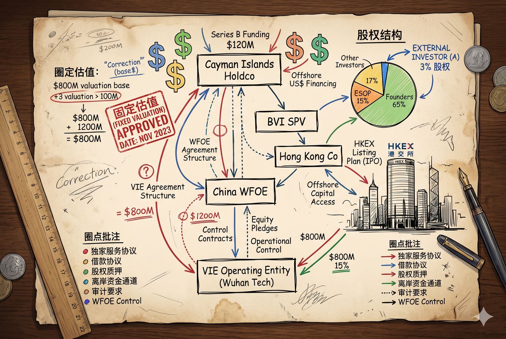 一张复杂的融资结构图铺满桌面,美元符号、VIE架构框图、香港交易所剪影、3%股权圆饼图和“固定估值”印章同时出现,像一份被圈点批注的投资备忘录,羊皮纸,钢笔彩色手绘的统一风格。