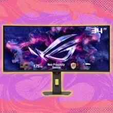 the ROG Strix OLED curved gaming monitor on a pink and purple background