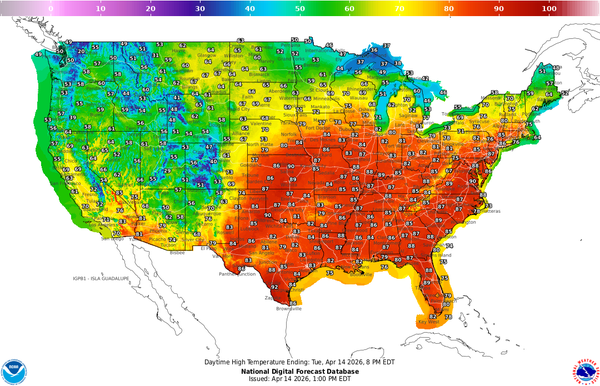 A chart showing high temperatures in the continental U.S. Much of the East Coast is red.