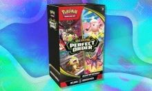 The Pokémon TCG: Mega Evolution—Perfect Order Booster Bundle on a green and blue background