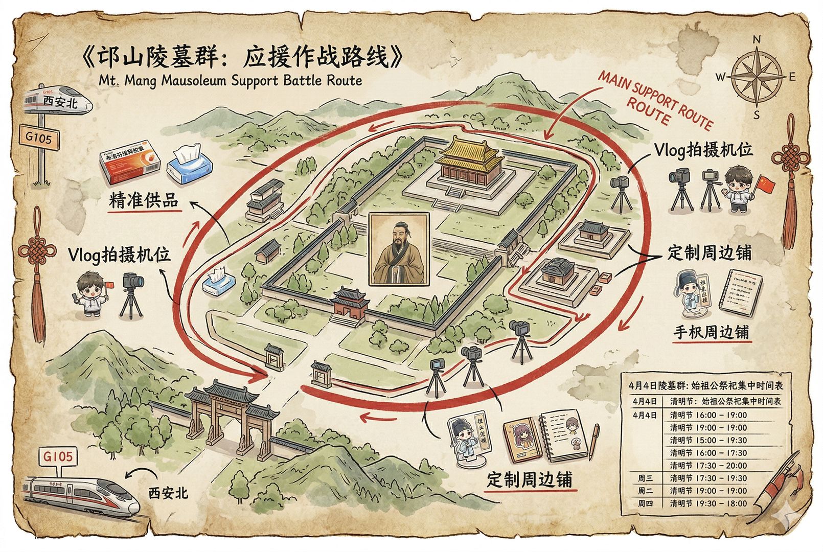 俯视视角下的一张攻略地图,邙山陵墓群路线被红笔圈出,旁边标注精准供品、Vlog拍摄点、定制周边和集中祭祀时间表,像旅行计划也像粉丝应援作战图,羊皮纸,钢笔彩色手绘的统一风格。