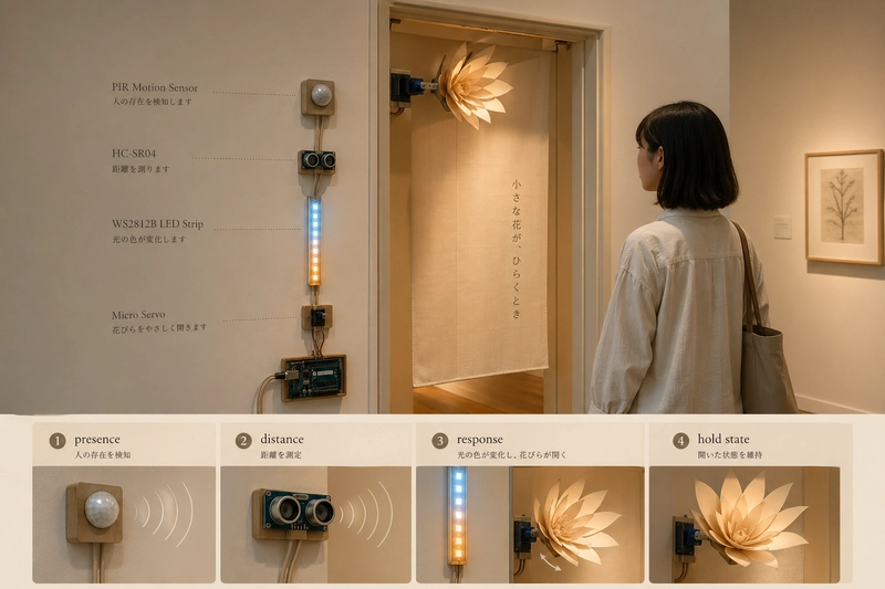 A gallery doorway interaction using PIR, ultrasonic distance, LED warmth, and servo motion