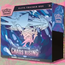 The Pokémon TCG Chaos Rising Elite Trainer Box on an orange, red, and green background