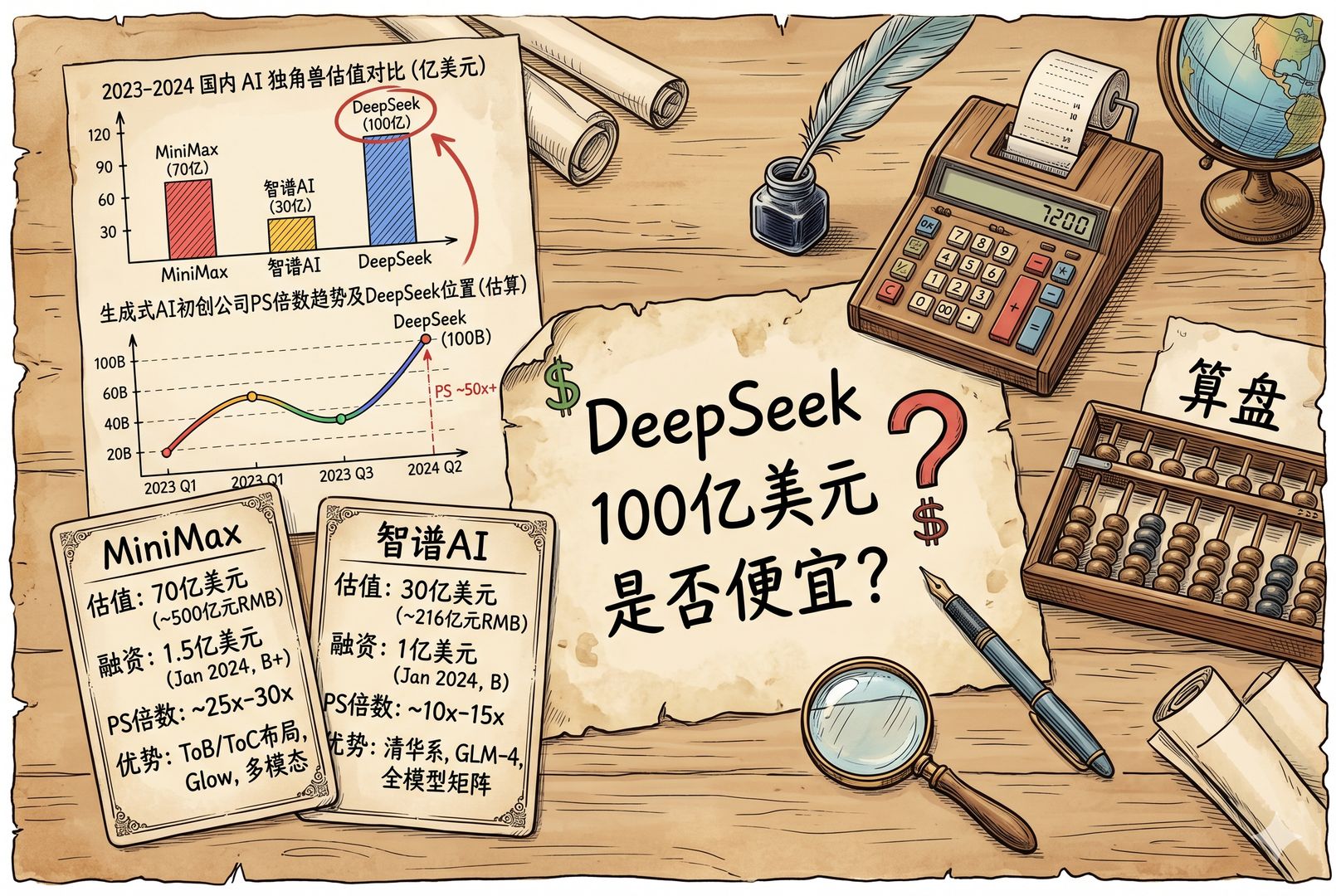 投资分析师的书桌上摆着两张公司对比卡,分别写着MiniMax与智谱AI,旁边有柱状图、PS倍数曲线和算盘,桌面中央留下“DeepSeek 100亿美元是否便宜”的手写问题,羊皮纸,钢笔彩色手绘的统一风格。